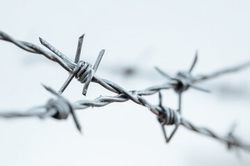 Obraz premium Barbed wire forming sharp X-shaped intersections, clean background, graphic industrial design stock image