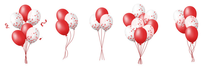 3D red balloons bunch set with confetti and ribbons on white background © HelenArt