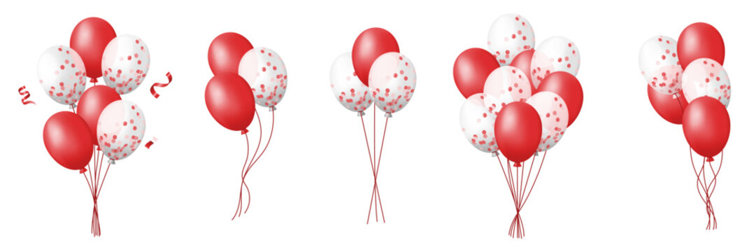 3D red balloons bunch set with confetti and ribbons on white background
