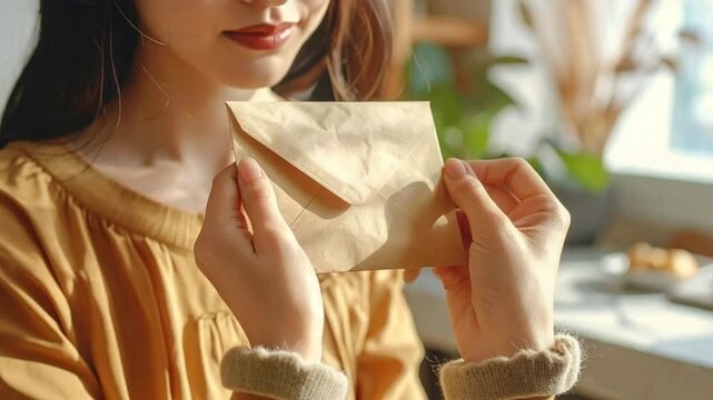 Woman carefully holding a personal letter or message in a warm light