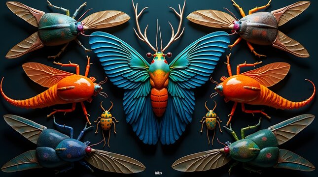 A vivid arrangement of colorful insects including vibrant butterflies and beetles, showcasing stunning details in their textures.