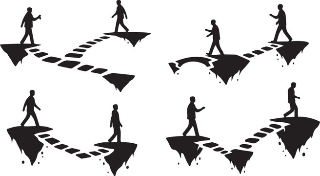 Silhouettes of businessmen navigating through abstract fragmented paths forward