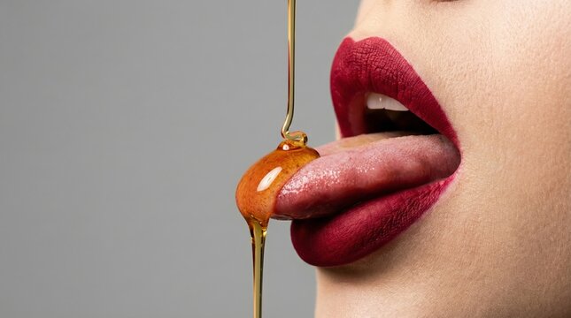 Woman's mouth with vibrant red lips and tongue extended, catching a thick stream of golden honey slowly dripping onto the tip, symbolizing sweetness, indulgence, and natural goodness
