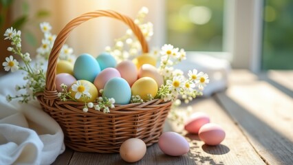 Colorful easter eggs in wicker basket with white daisies on wooden table, pastel spring decoration in bright sunlight, concept of easter, spring celebration