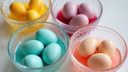 Easter egg dyeing process, eggs in colored water, natural dye techniques, glass bowls arrangement, vibrant liquid colors