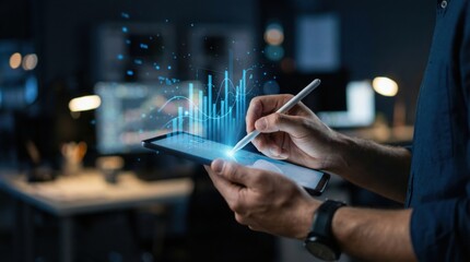 Businessman analyzing financial growth graph with holographic chart
