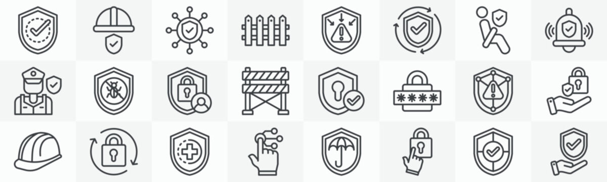 Protection icon collection set. Containing protect, hard hat, protection management, fence, defense, airbag, alarm, guard icon. Simple outline vector