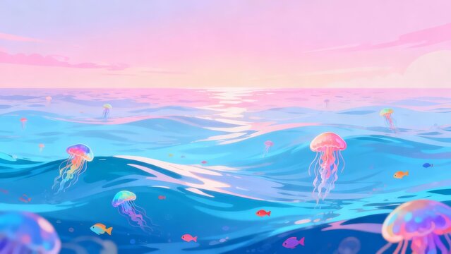 A serene underwater scene featuring glowing jellyfish swimming in a vibrant ocean at sunset with soft pastel hues and gentle waves.