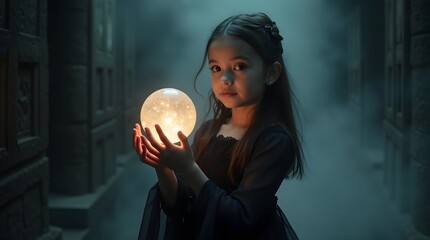 Naklejka premium A young girl of mixed ethnicity holds a glowing orb, dressed in a dark gown, surrounded by an enchanted misty atmosphere.