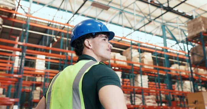 Man, thinking and shipping at warehouse for storage, logistics or inspection with low angle. Person, technician and insight with perspective for safety check, inventory management and distribution