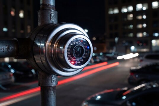 Close up of metallic security camera monitoring city street at night with traffic light trails