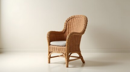 Fototapeta premium Elegant wicker chair with a cushion, showcasing a natural and minimalistic design.
