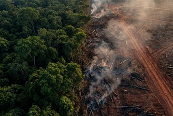 Naklejka premium Aerial view of deforestation showing lush green rainforest meeting burnt land with rising smoke