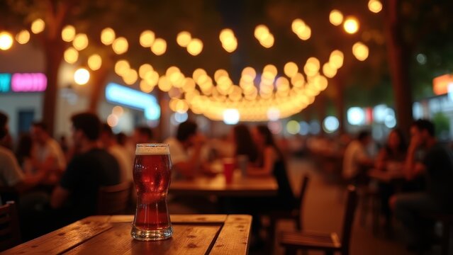 Glass of dark beer on wooden table in crowded pub with string lights bokeh, lively bar atmosphere with blurred people dining, concept of brewery, nightlife, hospitality