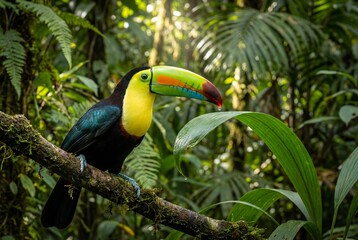 Obraz premium Colorful keel billed toucan perched on branch in rainforest