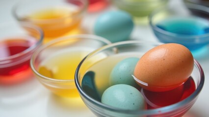 Easter egg dyeing process, eggs in colored water, natural dye techniques, hands-free composition, crafting tradition activity, glass bowls arrangement, vibrant liquid colors