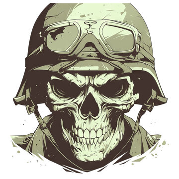 Untitled designThis artwork features a menacing skeletal face dressed in combat gear, complete with a helmet and protective eyewear. The muted green tones and rough detailing create a rugged, bat - 12