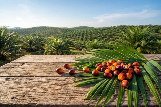 Fresh red palm oil fruits on green leaves on a rustic wooden table with a plantation background