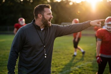 Obraz premium Intense male football coach yelling and pointing instructions during a sunset practice session