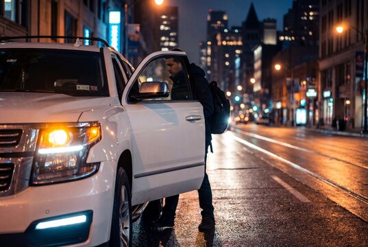 Man with backpack entering white SUV on wet city street at night with bright headlights