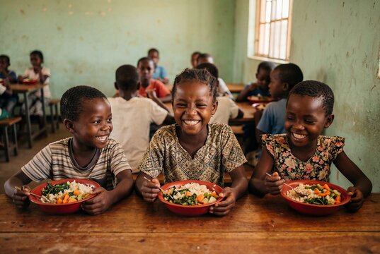 Joyful african children eating a healthy lunch of rice and vegetables in a rural school classroom