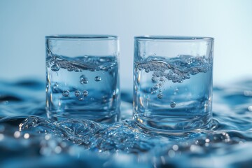 Two clear glasses filled with water surrounded by bubbles  