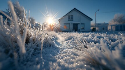 Suburban house seen from ground level through frost-covered grass on a winter morning, illuminated by a bright sun flare and cold tones.