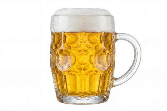 Cold glass mug of golden beer with thick foam head and condensation isolated on white