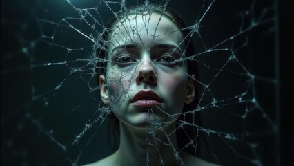 Broken mirror shattered reflection fragmented, self-image distortion psychological concept, cracked glass pieces scattered dramatic, narcissism identity crisis metaphor