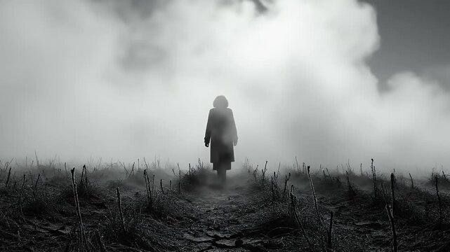 Solitary figure walking through foggy landscape with tall grass.