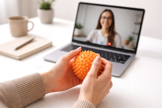 client's hands holding a spiky stress ball during a virtual therapy session on a laptop focusing on mental health support and stress relief through telemedicine