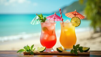 Tropical cocktails with colorful umbrellas, ice cubes, fresh mint, lime slices on bamboo bar, blurred beach background, summer drinks concept