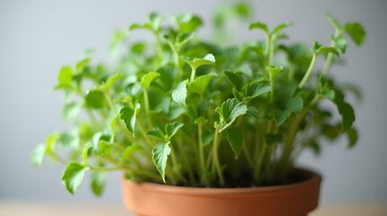Lush green herb plant thriving in a terracotta pot, showcasing vibrant leaves reflecting natural light.
