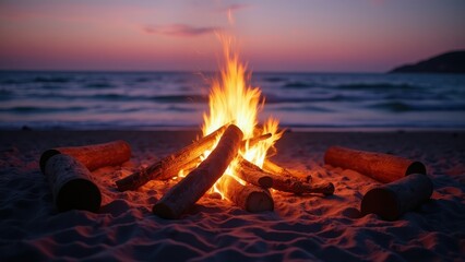 Beach bonfire setup on sand at dusk, orange flames, driftwood logs seating arrangement, purple sunset sky, summer evening gathering, coastal camping