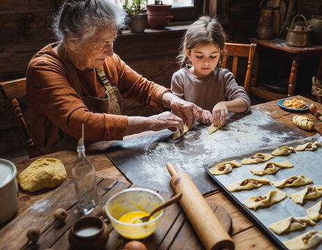 Babcia przygotowująca faworki razem z wnuczką