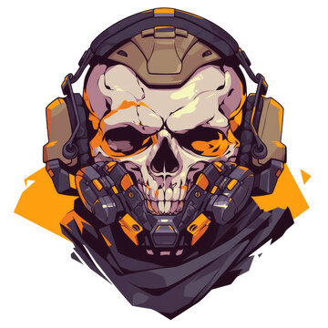 Stylized skull wearing a futuristic helmet, headphones, and gas mask in a cybernetic, sci-fi art style with orange accents.