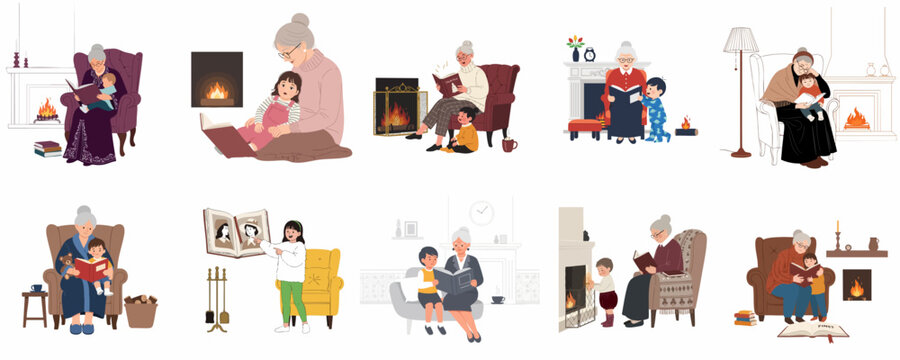 Cozy Scenes of Grandmothers Reading Stories to Grandchildren by the Fireplace: A Collection of Family Love, Tradition, and Intergenerational Bonding.