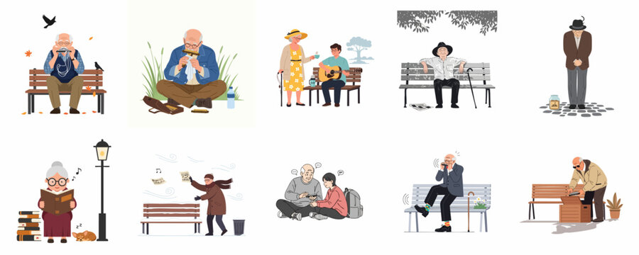 Vector illustration set showcasing diverse scenes of elderly people enjoying leisure activities like music and reading in parks and engaging with younger generations.