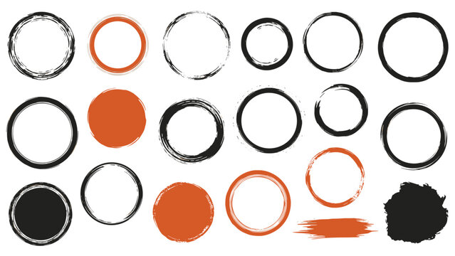 Variety of hand-painted circles and brush strokes in black and orange colors for abstract artistic design and border elements.