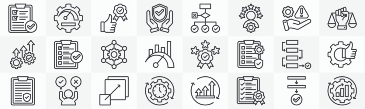 Best practices icon collection set. Containing compliance, performance, safety, methodology, expertise, risk management, ethics, efficiency icon. Simple outline vector