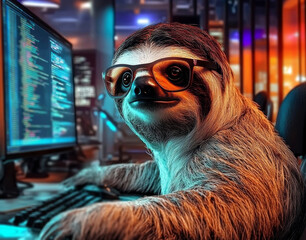 Obraz premium sloth wearing glasses, sitting in front of a computer on an office desk