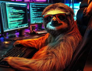 Obraz premium sloth wearing glasses, sitting in front of a computer on an office desk