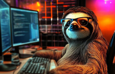 Obraz premium sloth wearing glasses, sitting in front of a computer on an office desk