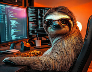 Obraz premium sloth wearing glasses, sitting in front of a computer on an office desk