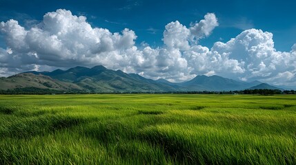 Fototapeta premium Vast vibrant green rice paddy field stretching towards distant mountains under a blue sky with fluffy white clouds in a peaceful scene.