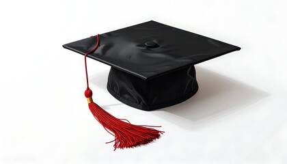 A classic black graduation cap with a vibrant red tassel, symbolizing academic achievement and celebration