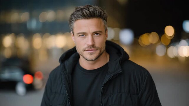Handsome confident man with short hair and stubble wearing a black jacket standing outdoors at night with golden city bokeh lights.
