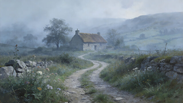 enthalpy. Misty country lane leading to a distant stone cottage. lifestyle magazines, social media lookbooks, designed for influencer and brand collaborations, used by SEO specialists.