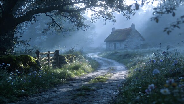 enthalpy. Misty country lane leading to a distant stone cottage. lifestyle magazines, social media lookbooks, designed for influencer and brand collaborations, used by SEO specialists.