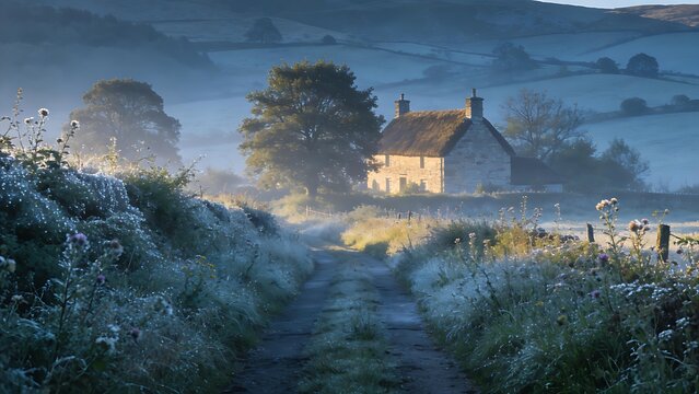 enthalpy. Misty country lane leading to a distant stone cottage. lifestyle magazines, social media lookbooks, designed for influencer and brand collaborations, used by SEO specialists.